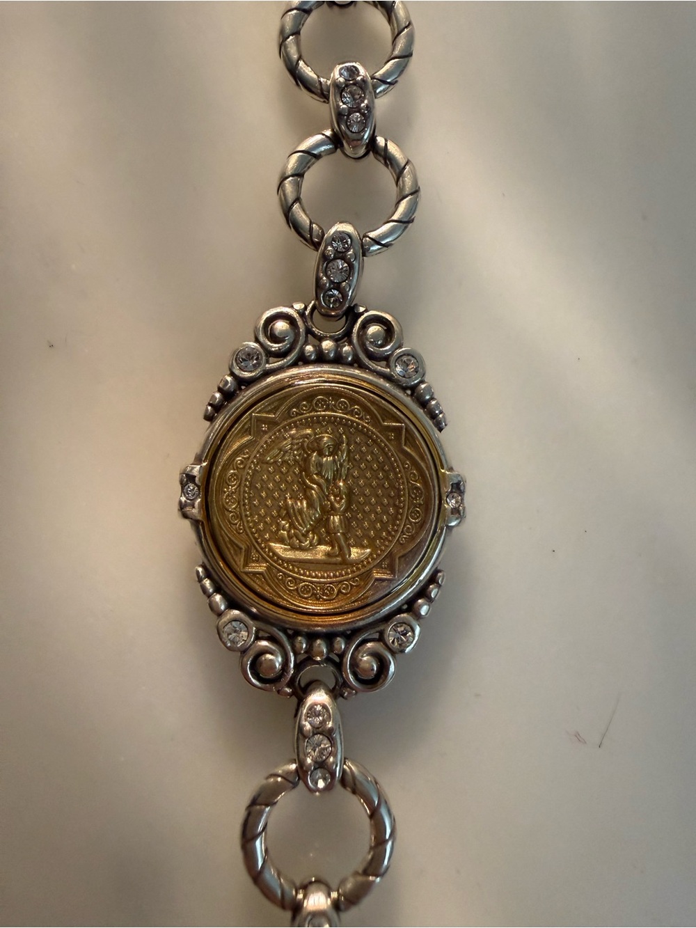 Vintage-Inspired Gold and Silver Tone Guardian Angel Medallion Bracelet